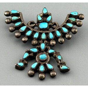 Vintage Southwestern Brooch Petit Point Turquoise Thunderbird Sterling Silver Zu